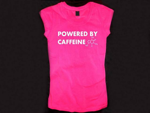 Powered by caffeine coffee molecule cool female pink tea shirt